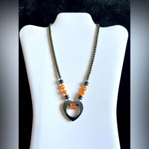 Hematite Beaded Necklace with Heart Pendant Orange Moonglow cateye Beads 18"
